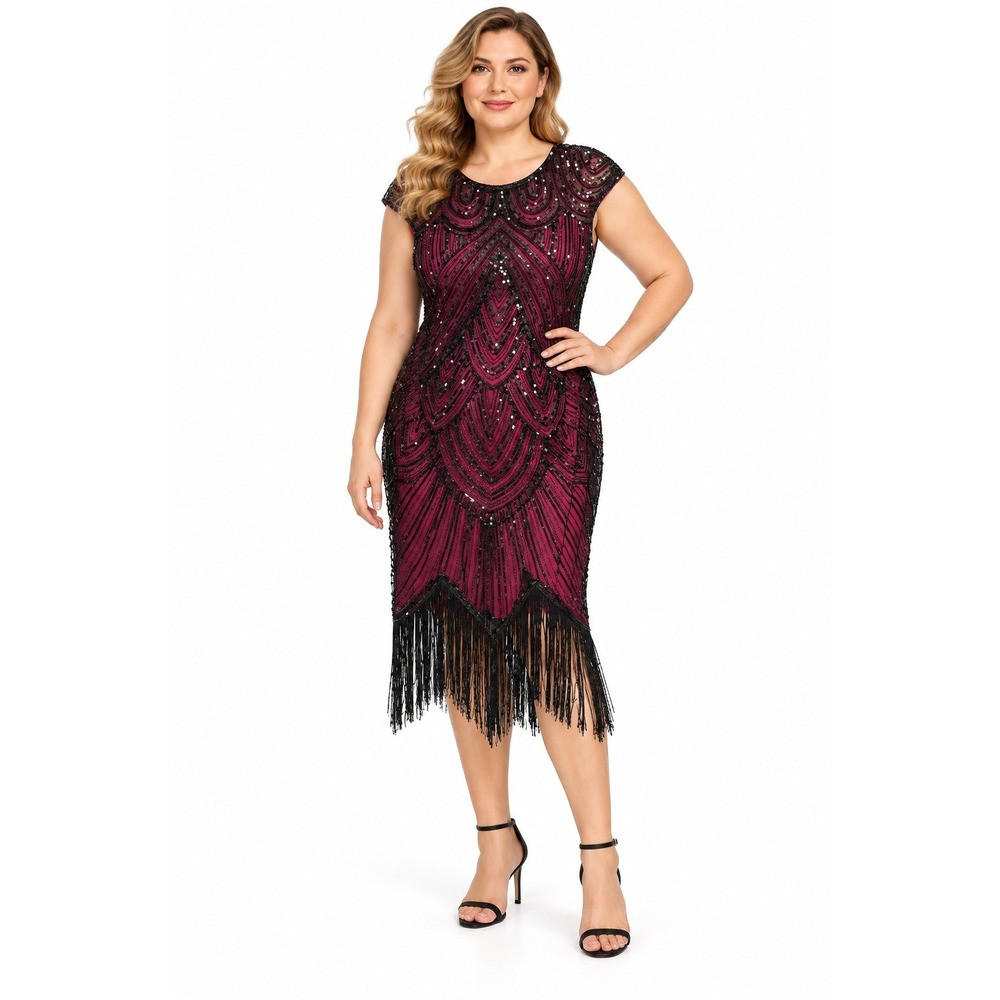 Art Deco Flapper Dress Beaded Sequin Fringe Large Fuchsia Black Gatsby Cocktail